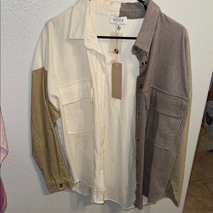 Cream and Tan Casual Button Down Shirt with Color-Blocked Design